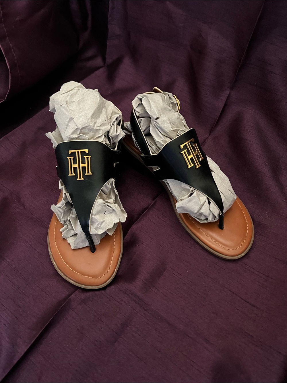 Tommy Hilfiger Black and Tan Logo Thong Sandals